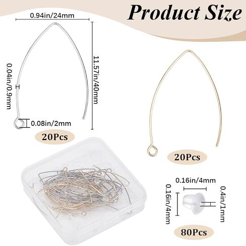 1 Box 40Pcs Drop Earring Hooks Stainless Steel Earring Wires Silver Long Marquise V Shaped Hook Earring Findings with Ear Nuts and Loop Dangle Earring Wires for Jewelry Making Supplies DIY in Kuwait