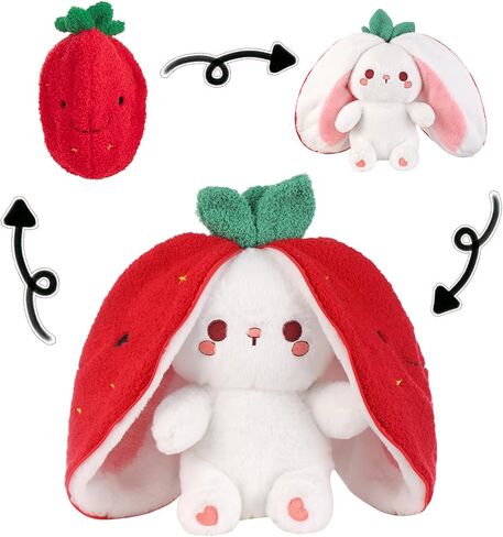 Emoin Bunny Stuffed Animal Reversible Cuddle Strawberry Bunny Plush Transformed Rabbit Toy Plush with Zipper Easter Bunny Plushies Gifts for Baby Boys Girls-7Inch in Saudi Arabia