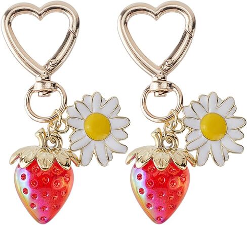 1 Box 2Pcs 2 Colors Strawberry Keychain Bulk s Bag Charms Alloy Red Pink Cute Flower Daisy Swivel Snap Hook Clasps Key Chain Accessories for Women s Purse Backpack Pendant Decoration in Saudi Arabia