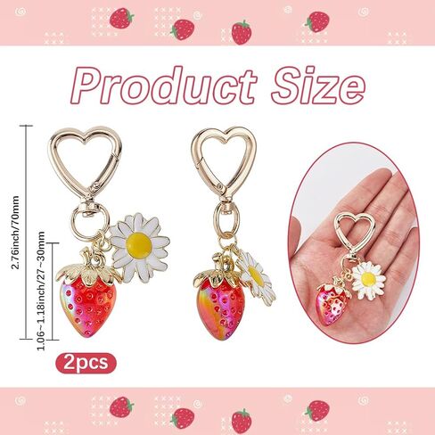 1 Box 2Pcs 2 Colors Strawberry Keychain Bulk s Bag Charms Alloy Red Pink Cute Flower Daisy Swivel Snap Hook Clasps Key Chain Accessories for Women s Purse Backpack Pendant Decoration in Saudi Arabia
