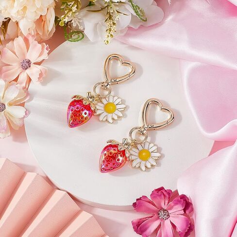 1 Box 2Pcs 2 Colors Strawberry Keychain Bulk s Bag Charms Alloy Red Pink Cute Flower Daisy Swivel Snap Hook Clasps Key Chain Accessories for Women s Purse Backpack Pendant Decoration in Saudi Arabia