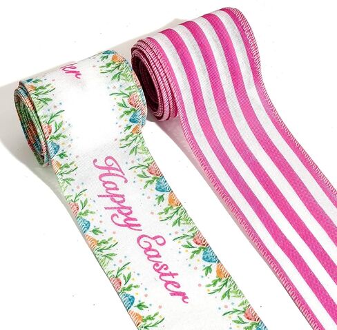 2 Rolls 2.5" × 5 Yd Easter Ribbon Easter Bunny Easter Egg Wired Ribbon Colorful Buffalo Plaid Ribbon for Spring Wreath DIY Crafts Bows Making Gifts Wrapping Easter Party Decoration in Kuwait
