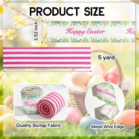 2 Rolls 2.5" × 5 Yd Easter Ribbon Easter Bunny Easter Egg Wired Ribbon Colorful Buffalo Plaid Ribbon for Spring Wreath DIY Crafts Bows Making Gifts Wrapping Easter Party Decoration in Kuwait