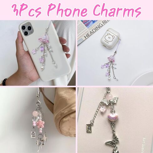 Atarvana 4pcs Cute Phone Case Charms, Cell Phone Charms Aesthetic Bow Keychain Phone Charm for Phone Camera Charms Women Girl Accessories in Kuwait