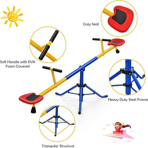GLACER Seesaw for Kids Outdoor, Metal Swiveling 360 Degrees Rotating Preschool Teeter Totter for Children Age 3+, Indoor Outdoor 2-Person Playground Equipment, Suitable for Home, Backyard in Saudi Arabia