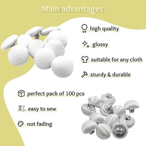 100 Pcs White Tuxedo Buttons 0.6 inch (15 mm) White Satin Buttons for Sewing with Metal Shank 24L Fabric Covered Smooth Cloth Buttons Round for Formalwear Wedding Dress Blouse Skirts Crafts in Kuwait
