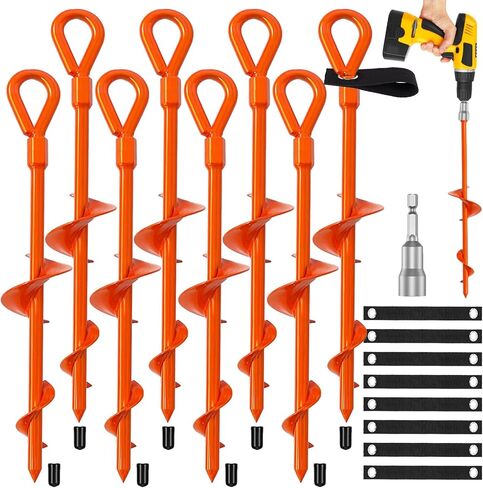 Ground Anchor,Heavy Duty Tent Stakes Trampoline Anchors, Ground Anchors Screw in, Trampoline Anchor Kit with Straps,for Camping Tent, Swing Sets, Sheds, Trampoline(6 Pack,Orange) in Kuwait