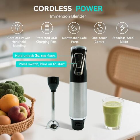 Cordless Portable Immersion Blender 5-in-1 Blender Set, Ice Crushing Power with One-Touch Speed Control, Comes with Potato Masher, Whisk, Chopper, Beaker, and Storage Case, Stainless Steel in Kuwait