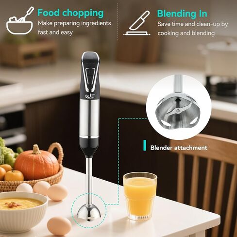 Cordless Portable Immersion Blender 5-in-1 Blender Set, Ice Crushing Power with One-Touch Speed Control, Comes with Potato Masher, Whisk, Chopper, Beaker, and Storage Case, Stainless Steel in Kuwait