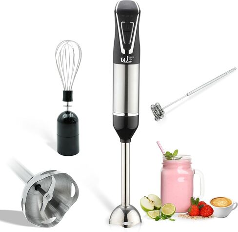 Cordless Portable Immersion Blender 5-in-1 Blender Set, Ice Crushing Power with One-Touch Speed Control, Comes with Potato Masher, Whisk, Chopper, Beaker, and Storage Case, Stainless Steel in Kuwait
