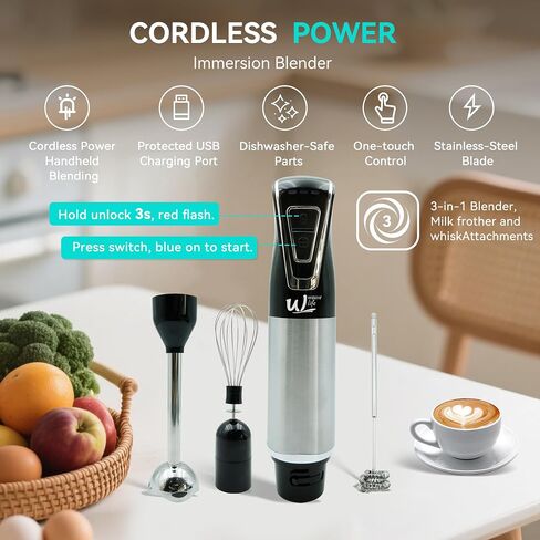 Cordless Portable Immersion Blender 5-in-1 Blender Set, Ice Crushing Power with One-Touch Speed Control, Comes with Potato Masher, Whisk, Chopper, Beaker, and Storage Case, Stainless Steel in Kuwait
