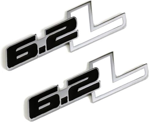 2PCS 6.2L Emblem Badge, 6.2L Engine Side Rear Tailgate Trunk Sticker Decals, 6.2L 3D Hood Fender Emblem Badge Nameplate for Chevy Camaro Silverado Ford Raptor F150 Dodge Challenger - Black/Silver in Saudi Arabia