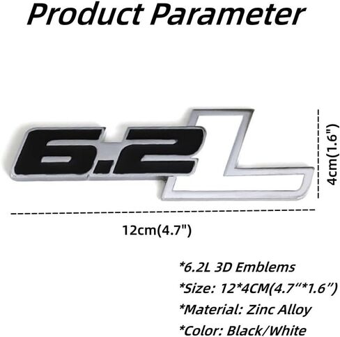 2PCS 6.2L Emblem Badge, 6.2L Engine Side Rear Tailgate Trunk Sticker Decals, 6.2L 3D Hood Fender Emblem Badge Nameplate for Chevy Camaro Silverado Ford Raptor F150 Dodge Challenger - Black/Silver in Saudi Arabia