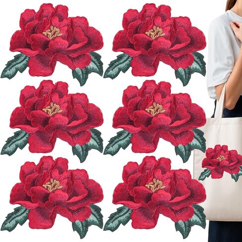 6 PCS Flower Embroidered Stick on Patches Large Rose Iron on Patches Beautiful Embroidered Applique Sewing Patches for Hats, Clothing, T-Shirt, Backpacks, Jeans, Jackets in Saudi Arabia