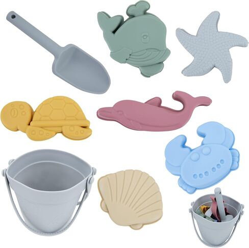 LAT 8Pcs Silicone Beach Toys-Summer Kids Beach Set with Silicone Bucket, Shovel, 6 Sand Molds | Outdoor Playset for Toddlers, Kids(Beige) in Saudi Arabia