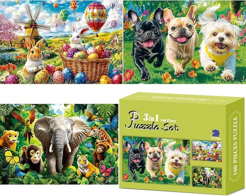 3-Pack 100 Piece Puzzles for Kids,Dogs Foxes Animals Puzzle for Kids Age 4-6 6-8 8-10,Unique Large Piece Jigsaw Puzzle,Recycled Paper,Bright & Colorful Educational Puzzle,Boys Girls Gift for Birthday in Saudi Arabia