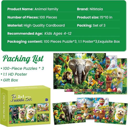 3-Pack 100 Piece Puzzles for Kids,Dogs Foxes Animals Puzzle for Kids Age 4-6 6-8 8-10,Unique Large Piece Jigsaw Puzzle,Recycled Paper,Bright & Colorful Educational Puzzle,Boys Girls Gift for Birthday in Saudi Arabia
