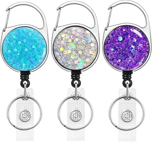 3 Pack Retractable Carabiner Badge Holder, FadyRaye Badge Reel with Belt Clip for Nurse Teacher Name Card Keychain [Bling Cute Design 27" Nylon Wire Cord] in Saudi Arabia