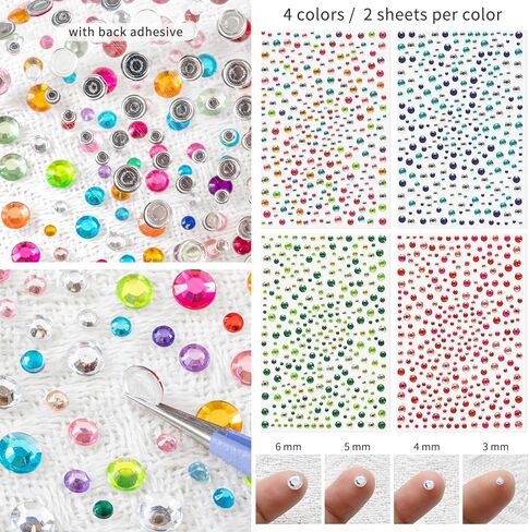 2722 Pcs Acrylic Rhinestone Sticker Self Adhesive Gem Crystal Sticker Sheet Stick on Diamond for Crafting Scrapbooking Card Making Collage Round Shape Back-glued 4 Sizes: 3/4/5/6mm (Silvia) in Kuwait