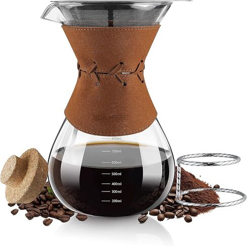 Pour Over Coffee Maker with Double-Layer Stainless Steel Filter, 20 oz Pour Over Coffee Dripper & 4 Cups Glass Carafe with Vintage Leather Collar and Cork Lid & Metal Stand in Saudi Arabia