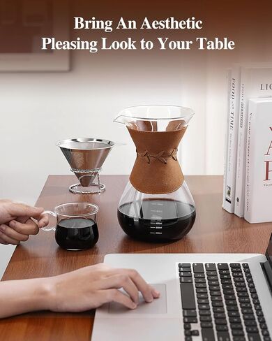 Pour Over Coffee Maker with Double-Layer Stainless Steel Filter, 20 oz Pour Over Coffee Dripper & 4 Cups Glass Carafe with Vintage Leather Collar and Cork Lid & Metal Stand in Saudi Arabia