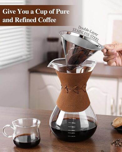 Pour Over Coffee Maker with Double-Layer Stainless Steel Filter, 20 oz Pour Over Coffee Dripper & 4 Cups Glass Carafe with Vintage Leather Collar and Cork Lid & Metal Stand in Saudi Arabia