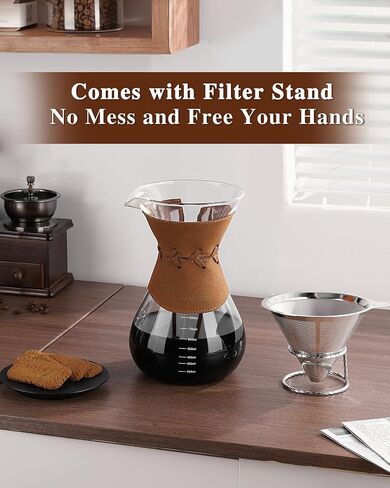 Pour Over Coffee Maker with Double-Layer Stainless Steel Filter, 20 oz Pour Over Coffee Dripper & 4 Cups Glass Carafe with Vintage Leather Collar and Cork Lid & Metal Stand in Saudi Arabia
