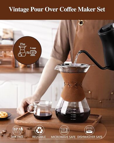 Pour Over Coffee Maker with Double-Layer Stainless Steel Filter, 20 oz Pour Over Coffee Dripper & 4 Cups Glass Carafe with Vintage Leather Collar and Cork Lid & Metal Stand in Saudi Arabia