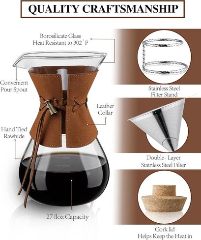 Pour Over Coffee Maker with Double-Layer Stainless Steel Filter, 20 oz Pour Over Coffee Dripper & 4 Cups Glass Carafe with Vintage Leather Collar and Cork Lid & Metal Stand in Saudi Arabia
