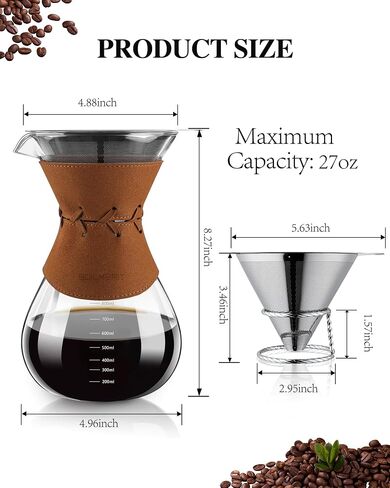 Pour Over Coffee Maker with Double-Layer Stainless Steel Filter, 20 oz Pour Over Coffee Dripper & 4 Cups Glass Carafe with Vintage Leather Collar and Cork Lid & Metal Stand in Saudi Arabia