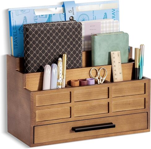 Brown Wood Desk Organizer and Accessories with Drawer, Bill Mail Organizer and File Mail Holder for Office Supplies, Desk Accessories & Workspace Organizers in Saudi Arabia