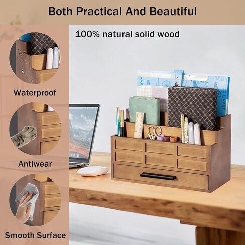 Brown Wood Desk Organizer and Accessories with Drawer, Bill Mail Organizer and File Mail Holder for Office Supplies, Desk Accessories & Workspace Organizers in Saudi Arabia