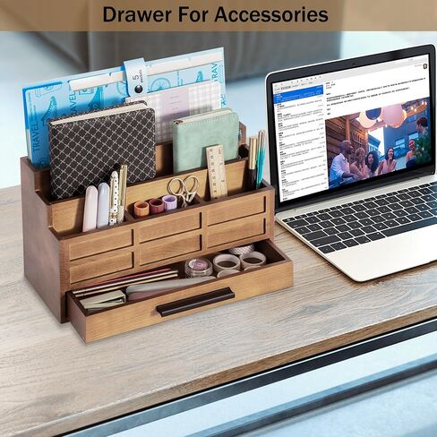 Brown Wood Desk Organizer and Accessories with Drawer, Bill Mail Organizer and File Mail Holder for Office Supplies, Desk Accessories & Workspace Organizers in Saudi Arabia