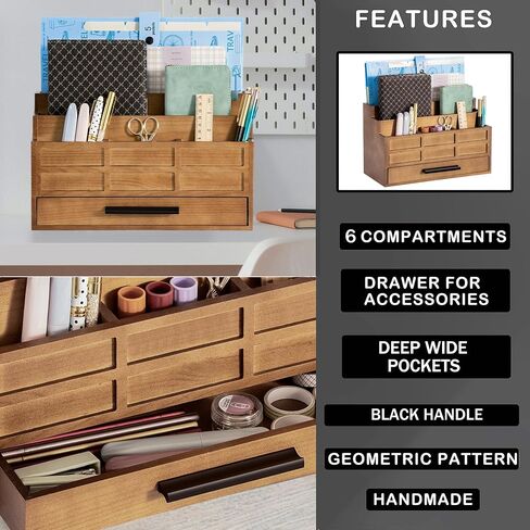 Brown Wood Desk Organizer and Accessories with Drawer, Bill Mail Organizer and File Mail Holder for Office Supplies, Desk Accessories & Workspace Organizers in Saudi Arabia