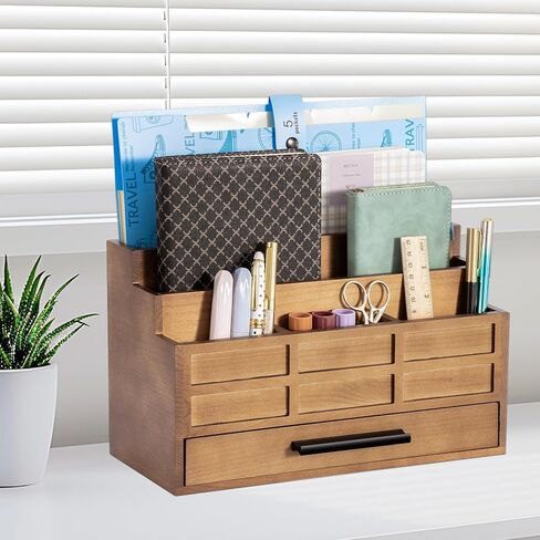 Brown Wood Desk Organizer and Accessories with Drawer, Bill Mail Organizer and File Mail Holder for Office Supplies, Desk Accessories & Workspace Organizers in Saudi Arabia