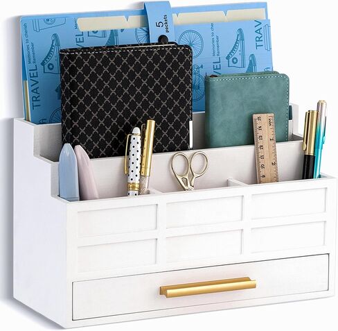 Brown Wood Desk Organizer and Accessories with Drawer, Bill Mail Organizer and File Mail Holder for Office Supplies, Desk Accessories & Workspace Organizers in Saudi Arabia