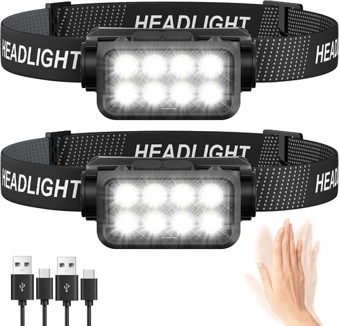 Rechargeable Headlamp Flashlight, 8 LED 2500 Lumen Bright Headlight with White Red Light & Motion Sensor, 2-Pack Waterproof Head Lamp for Adult Kid, 8Mode Headlamps for Outdoor Camping Running Fishing in Kuwait