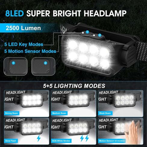 Rechargeable Headlamp Flashlight, 8 LED 2500 Lumen Bright Headlight with White Red Light & Motion Sensor, 2-Pack Waterproof Head Lamp for Adult Kid, 8Mode Headlamps for Outdoor Camping Running Fishing in Kuwait