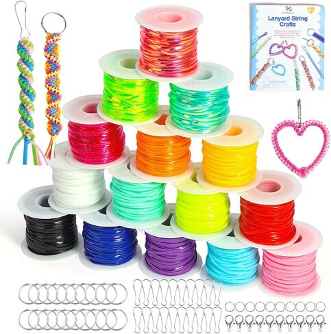 PP Opount Plastic Lanyard String Kit و 15 Gimp String مع 40 ملحقات سلسلة المفاتيح والتعليمات التفصيلية وسلسلة Boondoggle لأساور DIY وسلاسل المفاتيح والطمر (اللون الصلب/اللمعان/الليزر) in Kuwait