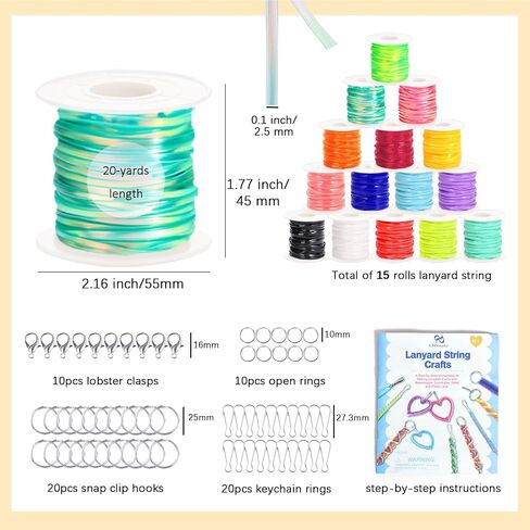 PP Opount Plastic Lanyard String Kit و 15 Gimp String مع 40 ملحقات سلسلة المفاتيح والتعليمات التفصيلية وسلسلة Boondoggle لأساور DIY وسلاسل المفاتيح والطمر (اللون الصلب/اللمعان/الليزر) in Kuwait