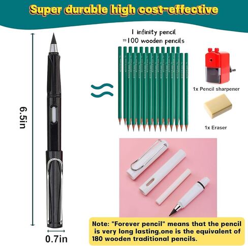XIUSHE 6PCS Infinity Forever Pencils for Writing-0.7mm Infinite Everlasting Metal Inkless Pencils Set,Technology Magic Writing Pencil For School Office Professional Use (Black white,6) in Kuwait
