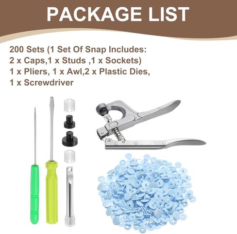 HARFINGTON Plastic Snaps Fasteners with Snap Pliers, 200 Set T3 Round Resin No-Sew Button Snap Fasteners Kit for Clothing Sewing Diapers Bibs Crafting, White in Saudi Arabia