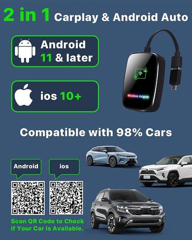 محول CarPlay اللاسلكي ، 2 في 1 Carplay و Android Auto Adapter Slug & Play ، محولات تشغيل السيارات السريعة والمستقرة تحويل CarPlay سلكية إلى Wireless لـ iOS 10+/Android 11+/2017 والسيارة الأحدث ، in Kuwait