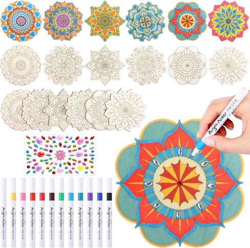 Fullhawl 30 Pcs Wooden Mandala Painting Set 18 Mandala Unfinished Wood Cutouts with 12 Markers for Crafts Wood Slices for Adults DIY Crafts Tags Painting Wedding Home Decors in Saudi Arabia