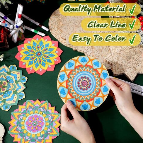 Fullhawl 30 Pcs Wooden Mandala Painting Set 18 Mandala Unfinished Wood Cutouts with 12 Markers for Crafts Wood Slices for Adults DIY Crafts Tags Painting Wedding Home Decors in Saudi Arabia