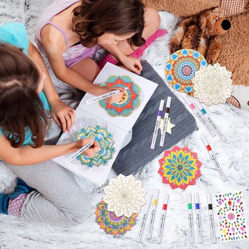 Fullhawl 30 Pcs Wooden Mandala Painting Set 18 Mandala Unfinished Wood Cutouts with 12 Markers for Crafts Wood Slices for Adults DIY Crafts Tags Painting Wedding Home Decors in Saudi Arabia