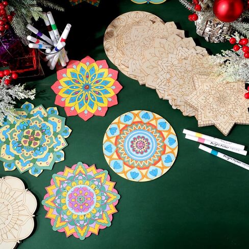 Fullhawl 30 Pcs Wooden Mandala Painting Set 18 Mandala Unfinished Wood Cutouts with 12 Markers for Crafts Wood Slices for Adults DIY Crafts Tags Painting Wedding Home Decors in Saudi Arabia