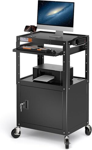 CART AV AV Steel على عجلات - عربة العرض المتداول مع الرف القابل للتعديل ، صينية لوحة المفاتيح السحب ، شريط الطاقة ، إدارة الحبل - وسائل الإعلام المحمولة محطة عمل الكمبيوتر لفصول المكاتب in Saudi Arabia