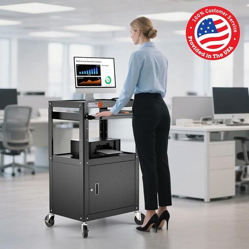 CART AV AV Steel على عجلات - عربة العرض المتداول مع الرف القابل للتعديل ، صينية لوحة المفاتيح السحب ، شريط الطاقة ، إدارة الحبل - وسائل الإعلام المحمولة محطة عمل الكمبيوتر لفصول المكاتب in Saudi Arabia