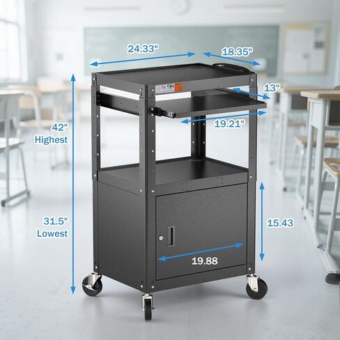 CART AV AV Steel على عجلات - عربة العرض المتداول مع الرف القابل للتعديل ، صينية لوحة المفاتيح السحب ، شريط الطاقة ، إدارة الحبل - وسائل الإعلام المحمولة محطة عمل الكمبيوتر لفصول المكاتب in Saudi Arabia